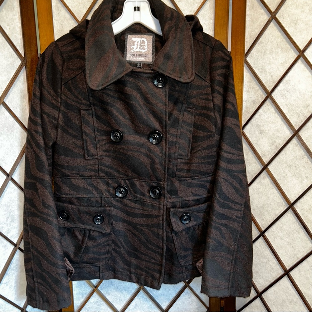 Dollhouse Black Brown Tiger Animal Print Removable Hood wool Mix Pea Coat